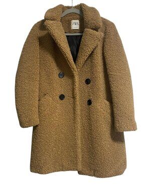 ZARA  Tan Double Breasted Teddy Coat Size S